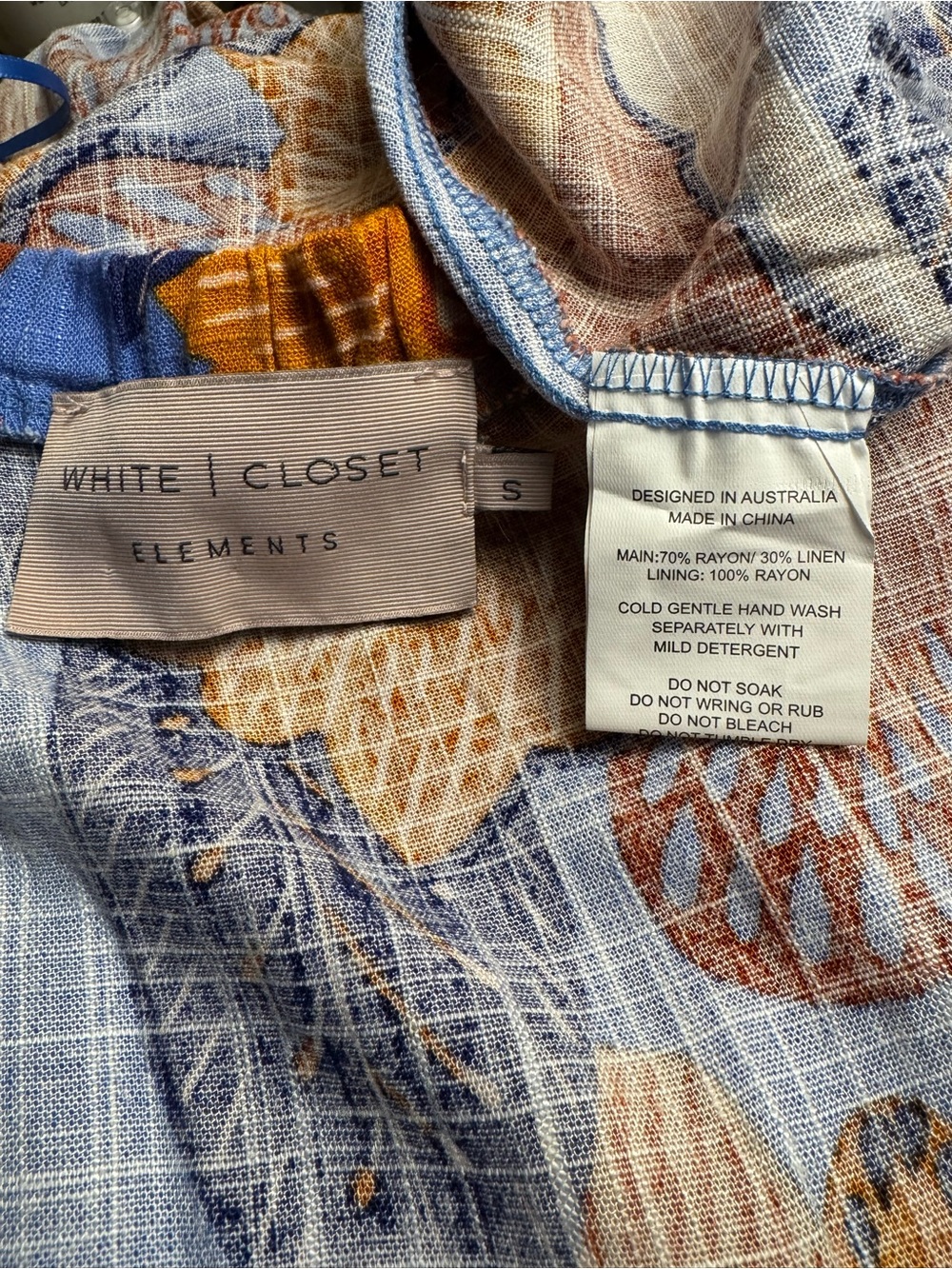 White Closet Elements Linen Blue and Rust Floral Maxi Dress with Puff Sleeves - Picture 6 of 7